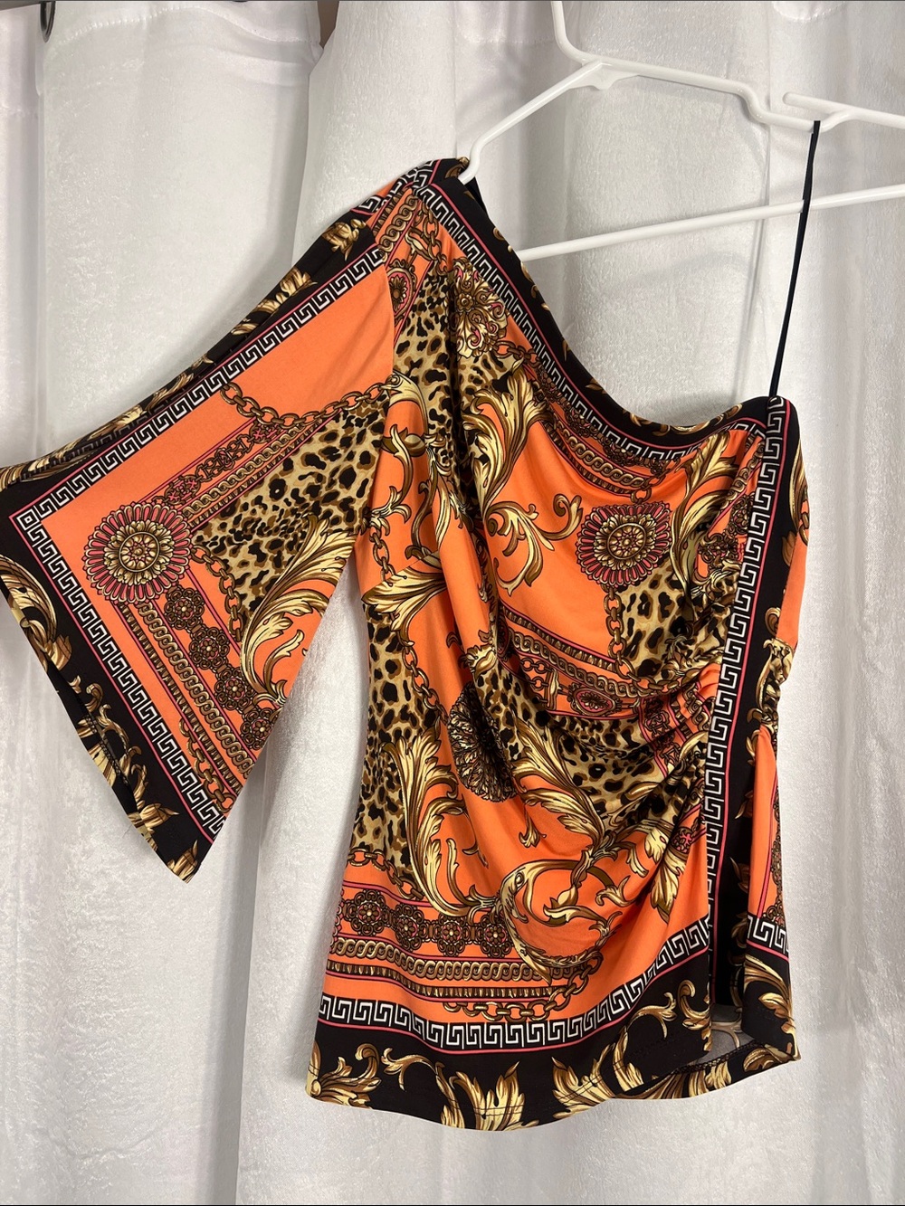 Cache One-Shoulder Orange Baroque Print Top
